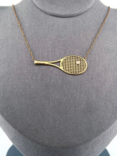 Load image into Gallery viewer, Diamond Tennis Ball Necklace Although delicate in looks - this necklace is light but strong! Each string is defined just like a racket - and the diamond ball shines brightly. Every piece is lovingly made in Los Angeles - and they are my exclusive design. Available in yellow or white gold - this choker is the best seller of all of my fine tennis jewel collection.