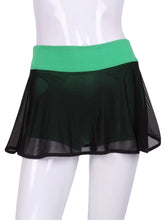 Load image into Gallery viewer, This Black Mesh on Green Shorties and waistband LOVE "O" Skirt has shorties underneath and NO seams on the "O"! It's cut like a doughnut to show and move beautifully as you play. The fabric is uber soft and light - it dries quickly - and protects from UV rays too. The embroidery is Green + Black to match the skirt! A very sheer skirt makes this the lightest and coolest of skirts!