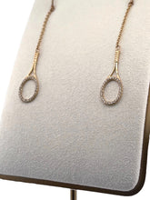 Load image into Gallery viewer, Custom exclusive design by Adeline a very unique pair of earrings. The rackets are 1" long and the earrings sit 2 1/2" down. The racket and hook are solid gold and adorned with many beautiful clear diamonds to make you "shine" on the court. Very strong yet light enough to play in!