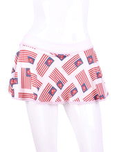 Load image into Gallery viewer, This “limited edition” art is the American Flag! It's so soft and flows on the Love "O" Skirt. The round skirt is cut like a donut with NO side seams! The waistband and shorties are white. Sizes: XS-XL