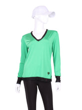 Load image into Gallery viewer, This top is soooo gorgeous! The collar and cuffs are accented with feminine mesh and the body is flowy and soft. It’s called the Long Sleeve Very Vee Tee - because as you can see - the Vee is - well you know - VERY VEE!