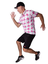 Load image into Gallery viewer, This is our limited edition Men’s Polo with Pink Hearts and Net. This piece has a silky and soft fabric. We make these in very small quantities - by design. Unique. Luxurious. Comfortable. Cool. Fun. All of the colors and patterns are LIMITED EDITION. Three pieces each size - once they are sold - we may or may not make them again exactly the same.