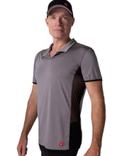 Load image into Gallery viewer, The luxury tennis Men's Polo Shirt in Grey With Mesh is a high-end athletic apparel piece designed for tennis enthusiasts who prioritize both style and performance. This polo shirt features a sophisticated grey color with strategically placed mesh panels for enhanced breathability and moisture-wicking properties.
