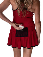 Load image into Gallery viewer, Meet my playful, fun, and very flirty tennis dress The Sandra Dee. I designed it just for you. A tennis player designing for tennis players!  Fits your desire to have a cute outfit, comfortable and sexy, and where you can keep your tennis balls off of your skin!  My exclusive back dry ball pocket looks like a cute tennis net - and more importantly, keeps the yellow fuzz off the thigh!