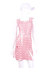 Load image into Gallery viewer, The Monroe Dress Hand Pressed N/E/S/W Hearts On White, delicately shows your feminine curves. It is a fitted dress, until the bottom where there is a cute ruffle. These Hand Pressed American Flags pieces are very limited edition - only one made per size.