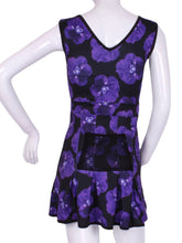 Load image into Gallery viewer, The Angelina Dress is modern yet classy. This style is in our very limited Purple Pansy print, with a flattering v-neck neckline. This soft, silky, and sexy tennis dress has an empire waist and a feminine skirt.