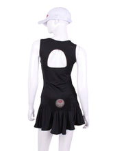 Load image into Gallery viewer, The Sandra Mee Dress offers a playful, fun, and very flirty look. Our dress is fitted, and flares out at the skirt with cute cut out ''O'' in the back. It is perfect for tennis, running and golf (with our Leg Lengthening Leggings), and of course, a trip to your after-court party with your friends. It was designed for confident women like you!