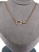 Load image into Gallery viewer, This choker necklace has a horizontal solid 14k yellow gold 1" racket with loads of Diamonds! With the dainty and very fancy shiny gold chain. The length is 17". This racket design is exclusively mine and hand crafted by a team in downtown Los Angeles.