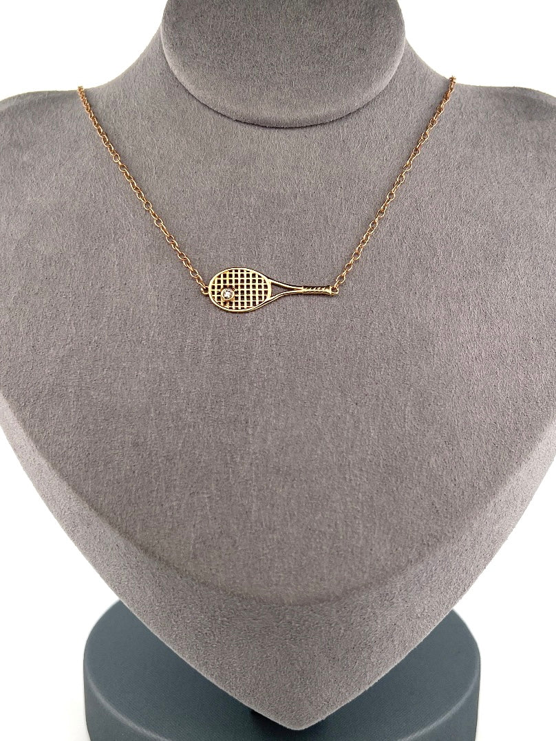 1'' Gold Racket Diamond Ball Necklace Tennis Jewelry Sports