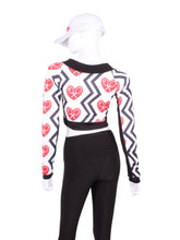 Load image into Gallery viewer, This vee neckline tops arm protection from the sun. This piece has the Black Zig Zag and Red Heart + Rackets Trademarked Logo on a white background for a feminine and fun print. Very limited edition only two made per size per style.