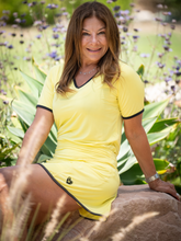 Load image into Gallery viewer, This is our limited edition Gladiator Skirt Yellow. This piece has a silky soft and quick-drying matching shorties, and binding to match. We make these in very small quantities - by design. Unique. Luxurious. Comfortable. Cool. Fun.