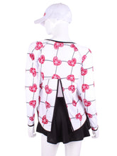 Load image into Gallery viewer, This is our limited edition Tie Back Long Sleeve Top Raspberry Red Hearts & Net. This piece has a silky and soft fabric. - by design. Unique. Luxurious. Comfortable. Cool. Fun.