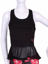 Load image into Gallery viewer, An elegant tennis ruffle top - silky soft - light - and quick-drying breathable fabric. Scoop neckline front and crossed back with two-needle cover stitch at each seam. Smooth binding finishes the edges with class. The most comfortable and feminine tennis top. These pieces run small for a more petite woman - under 5’8” - for the medium max 34 D
