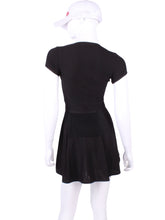 Load image into Gallery viewer, The Adeline Court To Cocktails Tennis Dress Black Mesh On Black. The Adeline Dress offers a playful, fun, and very flirty look. Offers a sweetheart neckline, empire waist and flowing A-line skirt. It is perfect for tennis, running and golf (with our Leg Lengthening Leggings), and of course, a trip to your after-court party with your friends. It was designed for confident women like you!