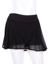 Load image into Gallery viewer, This Black Mesh LOVE "O" Skirt has shorties underneath and NO seams on the "O"! It's cut like a doughnut to show and move beautifully as you play. The fabric is uber soft and light - it dries quickly - and protects from UV rays too. This skirt has a “nearly naked” feel about it. The embroidery Heart is Red + Rackets and Ball Black to match the mesh. A very sheer skirt makes this the lightest and coolest of skirts!