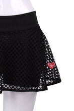 Load image into Gallery viewer, Fishnet Longer Shorties Black Love O Tennis Skirt - I LOVE MY DOUBLES PARTNER!!!