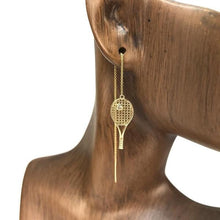 Load image into Gallery viewer, Drop Chain Gold Racket + Diamond Ball Tennis Earrings Jewelry - I LOVE MY DOUBLES PARTNER!!!