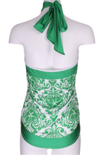 Load image into Gallery viewer, Green Damask + Heart Halter Top - I LOVE MY DOUBLES PARTNER!!!