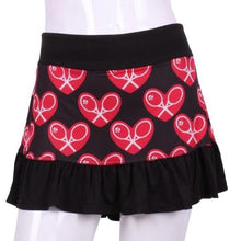 Load image into Gallery viewer, Ruffle Skirt Mid Heart on Black - I LOVE MY DOUBLES PARTNER!!!