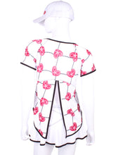 Load image into Gallery viewer, Tie Back Tee Short Sleeve Raspberry Red Hearts & Net - I LOVE MY DOUBLES PARTNER!!!
