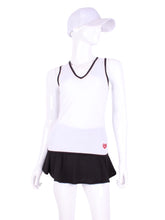 Load image into Gallery viewer, White Straight Back Vee Tank The simply elegant Vee Tank has a little vee in the front and a straight back. Designed by a tennis player for comfort AND luxury - the pattern is made for a real woman’s body with curves and all! The fabric is stretchy and soft. As with all of our apparel - it’s designed and hand made in Downtown Los Angeles - from silky imported fabric.