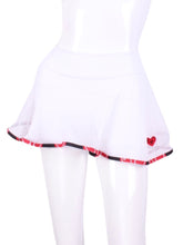 Load image into Gallery viewer, This gorgeous mini heart on off white MESH LOVE "O" Skirt has shorties underneath and NO seams on the "O"!  It's cut like a doughnut to show and move beautifully as you play.  The under shorts has uber soft and light fabric - it dries quickly - and protects from UV rays too.  This skirt has a “nearly naked” feel about it.