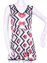 Load image into Gallery viewer, The Angelina Dress is modern yet classy.  This piece has the Black Zig Zag and Red Heart + Rackets Trademarked Logo on a white background for a feminine and fun print.  Very limited edition only two made per size per style