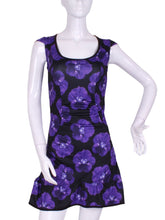 Load image into Gallery viewer, The Monroe Dress has capped sleeves, and moon-shaped ruching in the waistline to accentuate your curves. This print is very limited, the Purple Pansy, with a flattering scoop neckline. Glide around in your Court To Cocktail Tennis dress. Handmade in Los Angeles.