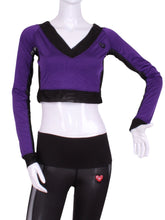 Load image into Gallery viewer, Purple Vee Crop Top with Black Mesh - I LOVE MY DOUBLES PARTNER!!!