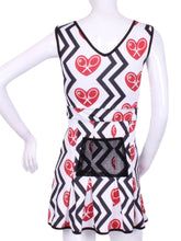 Load image into Gallery viewer, The Angelina Dress is modern yet classy.  This piece has the Black Zig Zag and Red Heart + Rackets Trademarked Logo on a white background for a feminine and fun print.  Very limited edition only two made per size per style.