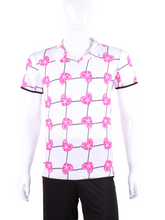 Load image into Gallery viewer, This is our limited edition Men’s Polo with Pink Hearts and Net. This piece has a silky and soft fabric. We make these in very small quantities - by design. Unique. Luxurious. Comfortable. Cool. Fun.