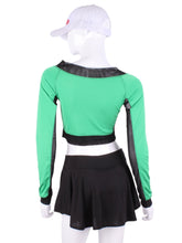 Load image into Gallery viewer, Green + Black Mesh Vee Crop Top. This vee neckline tops arm protection from the sun, but have mesh under the arm to keep you COOL while you play. These beautiful tops have the Heart + Rackets (trademarked) logo as the contrast. Designed very short to allow for access to the back pocket on my court to cocktails tennis dresses. Hand sewn in Los Angeles.