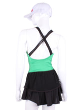 Load image into Gallery viewer, Ruffle Tank Tennis Top Green & Black Mesh. An elegant tennis ruffle top - silky soft - light - and quick-drying breathable fabric. Scoop neckline front and crossed back with two-needle cover stitch at each seam. Smooth binding finishes the edges with class. The most comfortable and feminine tennis top. These pieces run small for a more petite woman - under 5’8” - for the medium max 34 D
