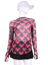 Load image into Gallery viewer, Heart Mesh Red + Black Mesh Long Sleeve Crew Tee. The super cool and totally see-though Long Sleeve Crew Tee! I designed this top to look flattering AND allow maximum air flow through my mesh back and side panels. The harder you play - the more SWOOSH OF AIR FLOW you create. Be your own FAN. Literally. Keep cool. Keep shaded. Keep dry. Look awesome.