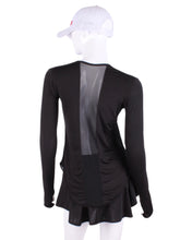 Load image into Gallery viewer, Longer Black + Black Mesh Long Sleeve Crew Tee. The most coverage of all my tops - with the Long Sleeve Crew Tee you can cover your chest AND your arms and back of hands thanks to the thumb hole. This Top is Longer by 1" for even more coverage! However - you still stay cool! I designed this top to look flattering AND allow maximum air flow through my mesh back and side panels. The harder you play - the more SWOOSH OF AIR FLOW you create.