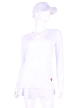 Load image into Gallery viewer, White + White Mesh Trim Long Sleeve Very Vee Tee. This top is soooo gorgeous! The collar and cuffs are accented with feminine mesh and the body is flowy and soft. It’s called the Long Sleeve Very Vee Tee - because as you can see - the Vee is - well you know - VERY VEE! For the tennis lady who loves to leave her chest open - but cover her arms (and other bits) this top is seductive in a sweet way!