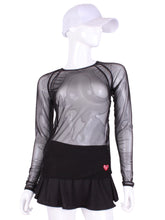 Load image into Gallery viewer, Black Mesh Open Back Long Sleeve Crew Tee. Long Sleeve and Crew Neck but open back black mesh - completely see through and cool - with a soft layer of thin fabric. I designed this top to look flattering AND allow maximum air flow through my mesh back and side panels. The harder you play - the more SWOOSH OF AIR FLOW you create. Be your own FAN. Literally. Keep cool. Keep shaded. Keep dry. Look awesome.