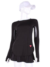 Load image into Gallery viewer, Longer Black + Black Mesh Long Sleeve Crew Tee. The most coverage of all my tops - with the Long Sleeve Crew Tee you can cover your chest AND your arms and back of hands thanks to the thumb hole. This Top is Longer by 1" for even more coverage! However - you still stay cool! I designed this top to look flattering AND allow maximum air flow through my mesh back and side panels. The harder you play - the more SWOOSH OF AIR FLOW you create.