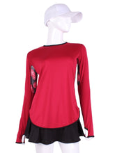 Load image into Gallery viewer, Soft Red Long Sleeve Crew Tee with Heart Trim. The most coverage of all my tops - with the Long Sleeve Crew Tee you can cover your chest AND your arms and back of hands thanks to the thumb hole. However - you still stay cool! I designed this top to look flattering AND allow maximum air flow through my mesh back and side panels. The harder you play - the more SWOOSH OF AIR FLOW you create. Be your own FAN. Literally. Keep cool. Keep shaded. Keep dry. Look awesome.