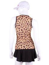 Load image into Gallery viewer, Leopard Vee Tank. A fun tennis tank top - with Leopard Bring - and quick-drying breathable fabric. Vee front and tee back with two-needle cover stitches at each seam. Smooth black binding and black stitching finishes the edges with a touch of sass.