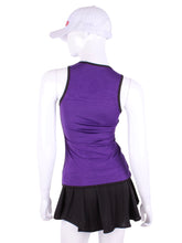 Load image into Gallery viewer, Straight Back Vee Tank Purple w/ Black Trim. The simply elegant Vee Tank has a little vee in the front and a straight back. Designed by a tennis player for comfort AND luxury - the pattern is made for a real woman’s body with curves and all! The material is stretchy and soft. As with all of our apparel - it’s designed and hand made in Downtown Los Angeles - from imported fabric.