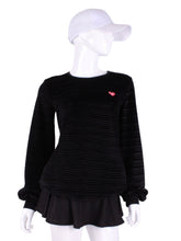 Load image into Gallery viewer, Striped Black Velvet Long Sleeve Warm Up Top. This long sleeve top is the most feminine and flowing of my collection. It is comfortable with binding on the neckline, poofy at the wrists and soft hem at the hips. The fabrics are super soft yet warm. Fully machine washable. Hang to dry. Designed by Adeline, and proudly sewn in Los Angeles from lovely imported fabric.