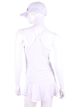 Load image into Gallery viewer, White Tiny Tank with White Mesh. This is my top with the least coverage. Aptly named the Tiny Tank! It has a deep scoop neckline and strappy cross back. Very light and cool (and sexy). There is a bra spot to slide privacy cups inside (not included). If you don’t fear the sun on your body - and love being air-conditioned - then this is the top for you!!!