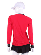 Load image into Gallery viewer, Bright Red Long Sleeve Very Vee Tee w/ Black Mesh. This top is soooo gorgeous! The collar and cuffs are accented with feminine mesh and the body is flowy and soft. It’s called the Long Sleeve Very Vee Tee - because as you can see - the Vee is - well you know - VERY VEE! For the tennis lady who loves to leave her chest open - but cover her arms (and other bits) this top is seductive in a sweet way! You feel nearly naked in it. So go ahead - hit that ace! Flattering and free - that’s what this top is.