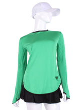 Load image into Gallery viewer, Long Sleeve Crew Soft Green with Black Trim. This long sleeve top is the most feminine and flowing of my collection. It is comfortable with binding on the neckline, poofy at the wrists and soft hem at the hips. The fabrics are super soft yet warm. Fully machine washable. Hang to dry. Designed by Adeline, and proudly sewn in Los Angeles from lovely imported fabric.