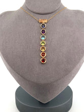 Load image into Gallery viewer, Elegant and timeless BLiSS by Adeline custom designed 7 Chakra necklace. The 4mm stones are:  Violet: Iolite Purple: Amethyst Blue: Aqua Marine Green: Peridot Yellow: Citrine Orange: Orange Sapphire Red: Garnet
