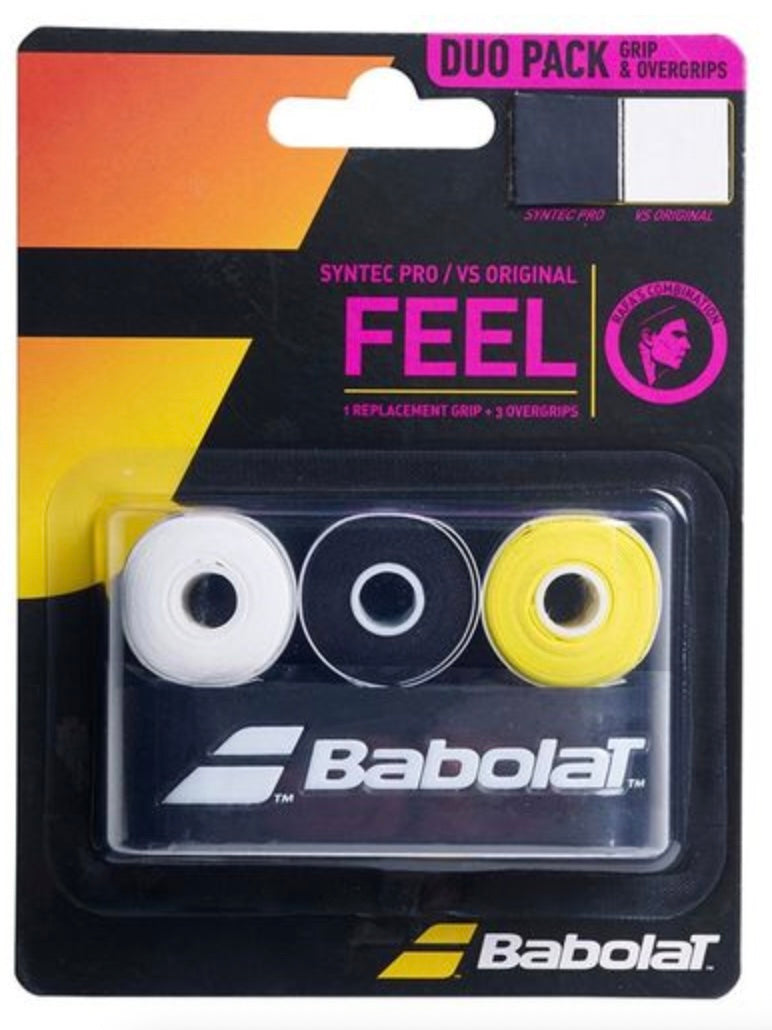 This Babolat Duo Grip Pack includes Rafa`s grip choices in one convenient package. For starters, you get three VS overgrips, the thinnest overgrip on the market. In addition, you get a Syntec Pro replacement grip, the exact reliable grip of Babolat`s Aero, Strike, and Drive series racquets. 