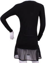 Load image into Gallery viewer, Long Sleeve Monroe Black Mesh Tennis Dress. The Monroe Dress offers a little more coverage around the chest and the arms, but delicately shows your feminine curves. Our dress is fitted, and flares out at the skirt. It is perfect for tennis, running and golf, and of course, a trip to your after-court party with your friends. It was designed for confident women like you! This style is in black with mesh, with a flattering bateau neckline.
