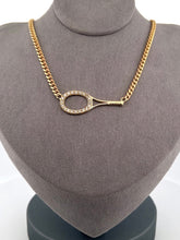 Load image into Gallery viewer, This luxuries necklace has a horizontal BIG gold tennis racket with diamonds.   With the dainty and very fancy shiny gold chain.   This racket design is exclusively mine and hand crafted by a team in downtown Los Angeles.

