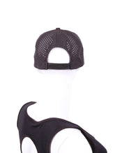 Load image into Gallery viewer, The Black Hat LLT Logo Holey Back with the &quot;Love Love Tennis&quot; Logo and holey back is a stylish and functional accessory designed for tennis enthusiasts who want to combine fashion with functionality on the court. The hat is primarily black, which gives it a sleek and versatile appearance, making it suitable for various tennis outfits. At the front of the hat, prominently displayed, is the &quot;Love Love Tennis&quot; logo. 

